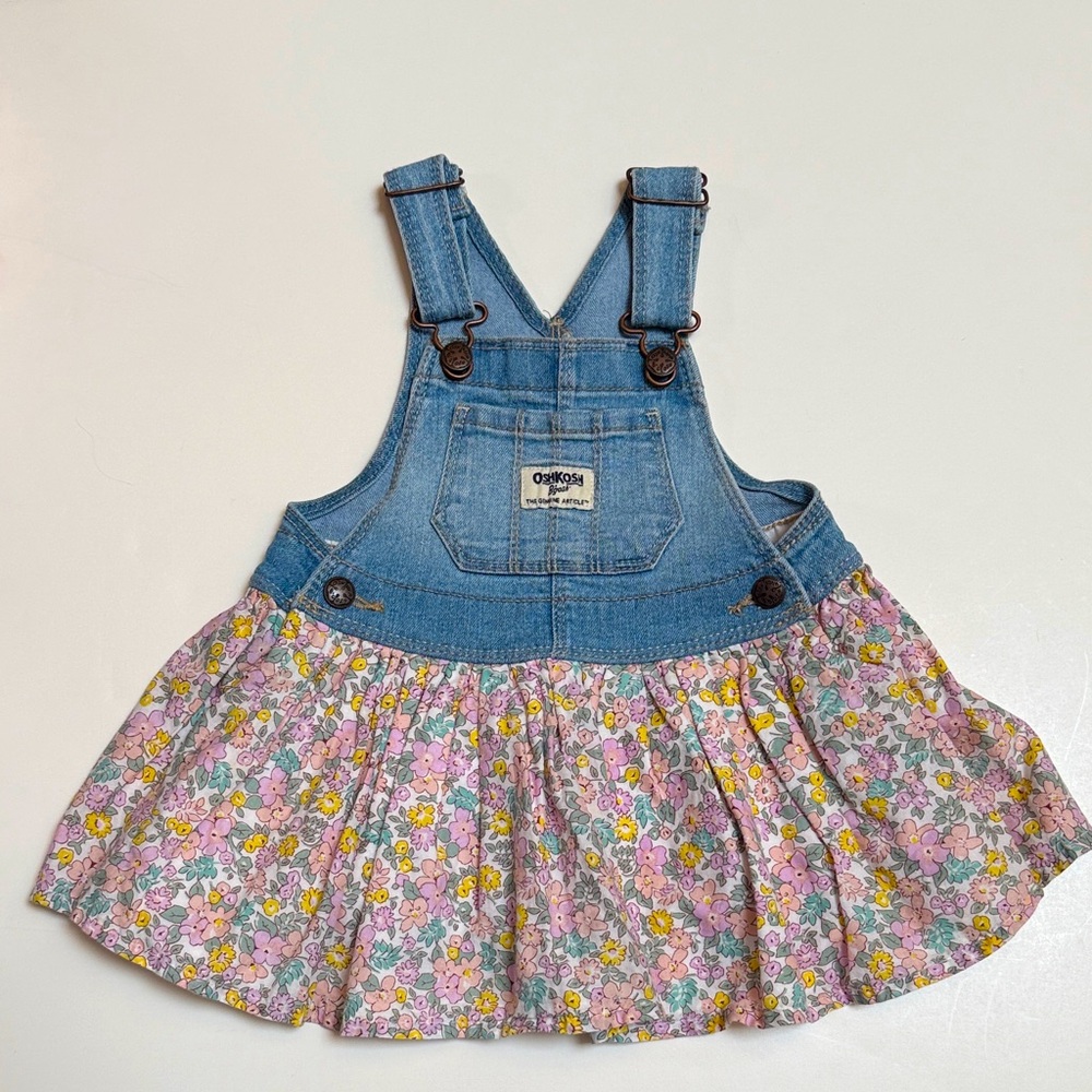 OshKosh B'gosh Denim Vestbak jumper with floral cotton skirt | 12 mos